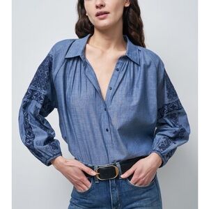 Nili Lotan Abby Romanian Chambray Embroidered Top Sz XS